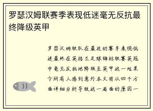 罗瑟汉姆联赛季表现低迷毫无反抗最终降级英甲 罗瑟汉姆联赛季表现低迷毫无反抗最终降级英甲